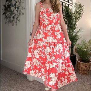 Pink and White Floral Maxi Dress with Tie Straps